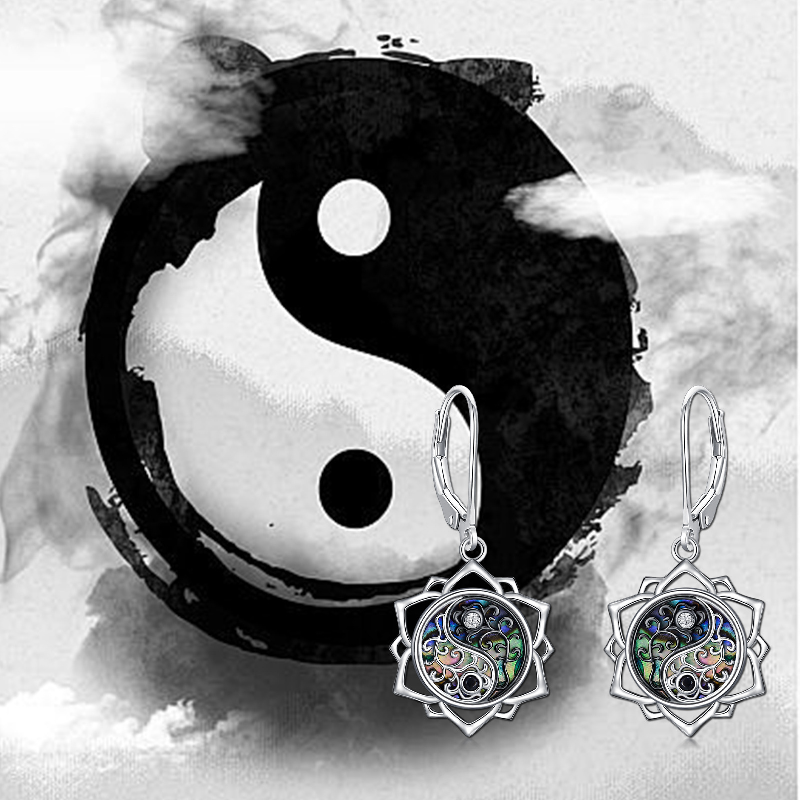 Women's Yin Yang Lotus Dangle Earrings in Sterling Silver